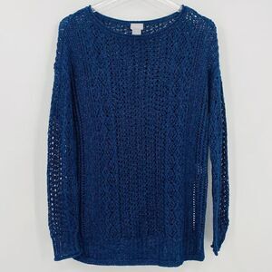 Chico's Size Small Navy Blue Long Sleeve Open Knit Tunic Sweater Top